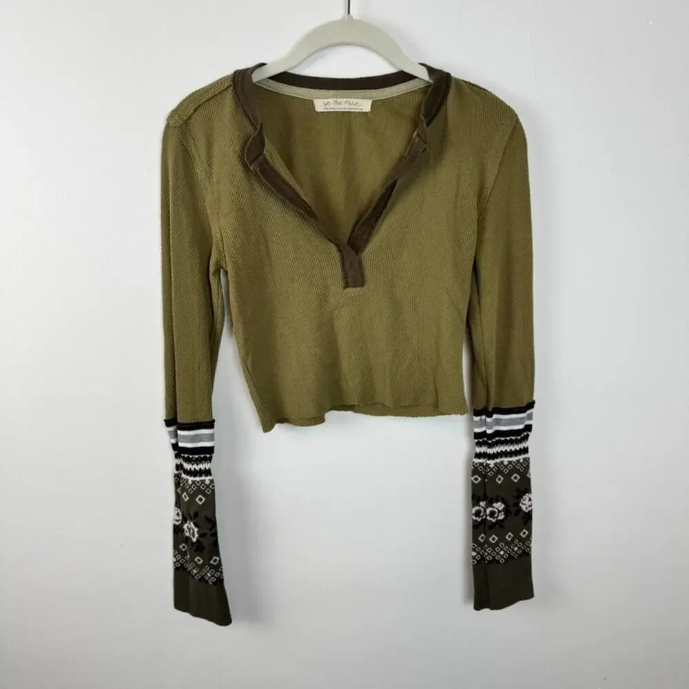 Free People XS We The Free Army Green Mikah Layering Knit Cuff Thermal Top - Picture 3 of 8